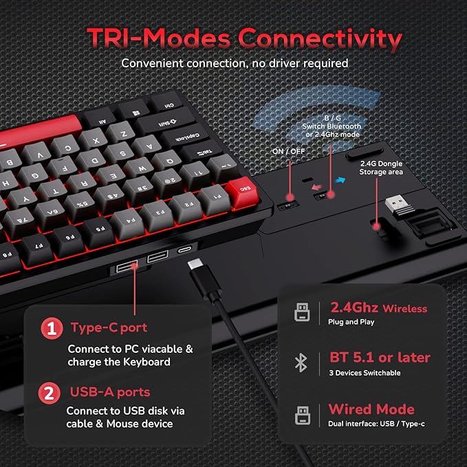 RK ROYAL KLUDGE RK98 Gaming Keyboard, Wireless Mechanical Keyboard 100 Keys Tri-Mode BT5.1/2.4G/USB-C Full Size Hot Swappable Custom Keyboard with Numpad RGB Backlit, Massive Battery, Silver Switch - Image 4