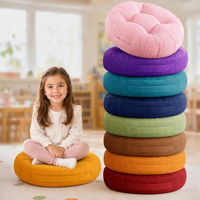 Degrees of Comfort 8Pcs Round Floor Cushions for Kids, Waterproof Flexible Seating for Classroom Elementary, Safe Smolder Resistance Sitting Pillows with Handles, 15-inch, Lovely by DegreesofComfort