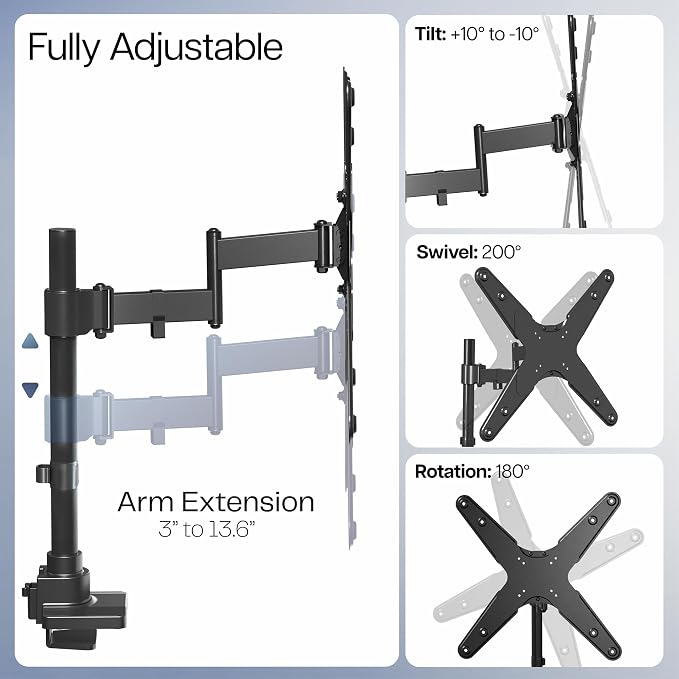 VIVO Ultra Wide Monitor and TV Desk Mount for up to 55 inch Screens, Single Television Stand with Articulating Arm, Holds up to 44 lbs, Max VESA 400x400mm, Black, STAND-V155D - Image 3