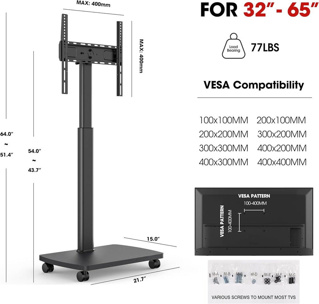Tall Rolling TV Stand with 90° Rotation & 12° Tilt, 10-Height Adjustable Mobile TV Stand for 32-65 Inch TVs, Portrait/Landscape TV Cart for Home Office Studio, Black - Image 3