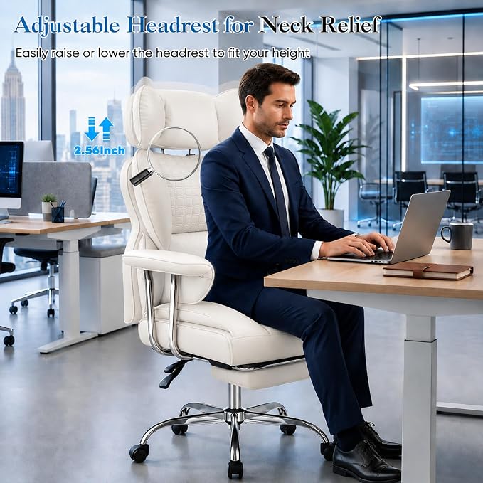 Big and Tall Office Chair 350 LBS, Scratch-Resistant PU Leather Executive Office Desk Chair with Footrest, Ergonomic Reclining Computer Chair with Pocket Spring Support for Home Office, Beige - Image 6