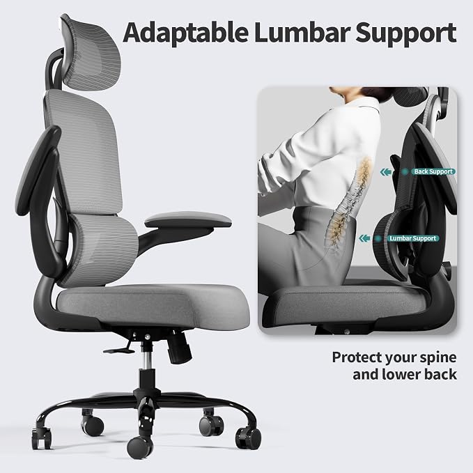 TRALT Office Chair Ergonomic Desk Chair - Gaming Chair with Lumbar Support | 330 LBS Home Office Desk Chairs with Headrest, Reading Chair with Flip-up Armrests, Comfortable Computer Chairs (1, Grey) - Image 6