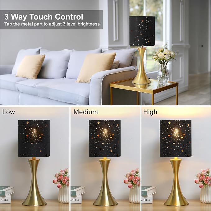 Touch Table Lamp,3 Way Dimmable Gold Bedside Lamp with Black Star Shade | Touch Control Nightstand Lamp, Decorative Ambient Bedside Light for Living Room, Bedroom, Dorm, Office, LED Bulb Included - Image 3