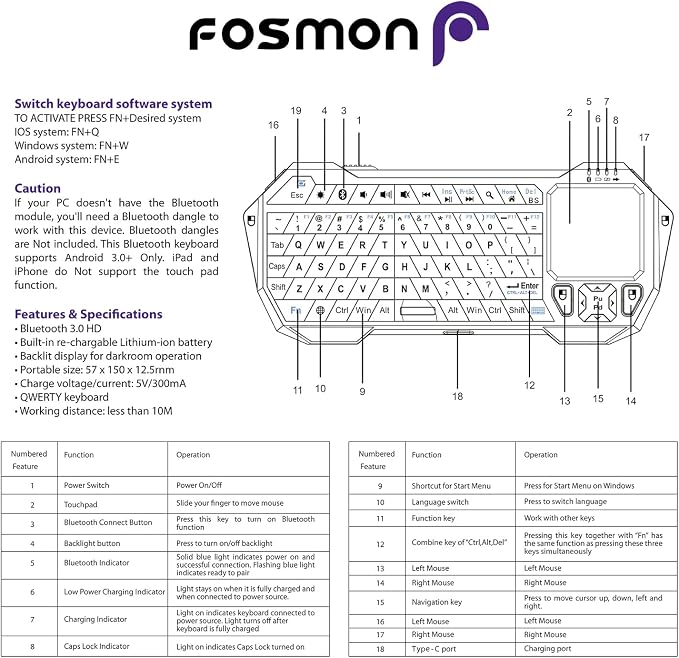Fosmon Mini Bluetooth Keyboard (QWERTY Keypad), Wireless Portable with Touchpad, Compatible with Apple TV, Amazon Fire Stick, PS4, PS4 Pro, PS5, HTPC/IPTV, VR Glasses, Smartphones - Image 8