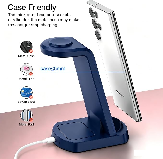 Wireless Charger for Samsung/Android, HOLYJOY 3 in 1 Fast Charging Station/Stand/Multi Charger for Samsung S26 Ultra/S25/Note 20, Travel Pad for Galaxy Watch 8/7/6/5/Active 2, for Buds(Blue) - Image 4