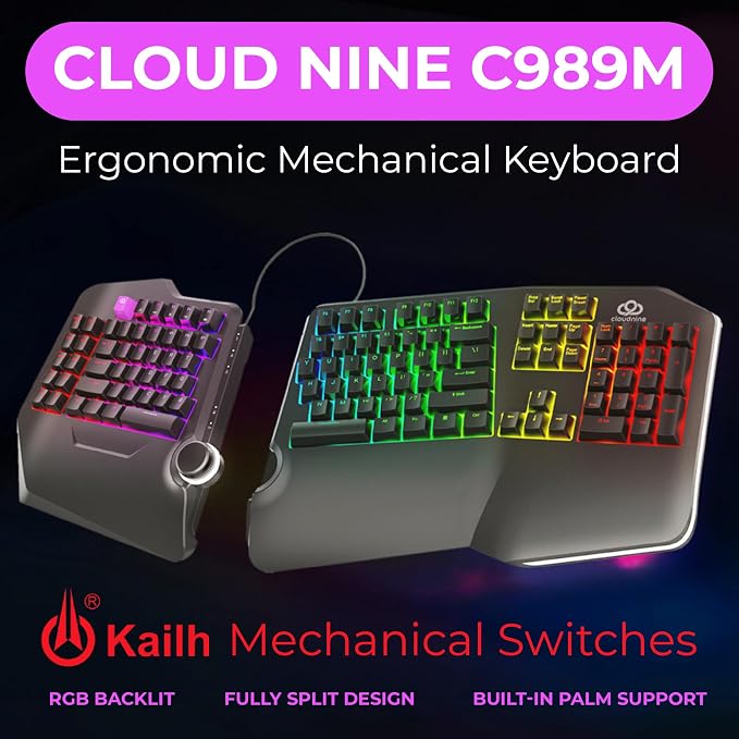 Cloud Nine C989M Ergonomic Mechanical Keyboard for PC - Kailh Tactile Brown Switches - RGB Light Up LED Backlit with USB - Ergo Split Key Board with Macro - Image 2