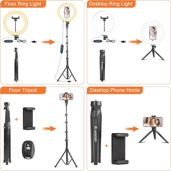 UEGOGO 10'' Ring Light with 72'' Tripod Stand, Dimmable LED Ringlight for Live Stream, Photography, Makeup, Video Recording - Image 4