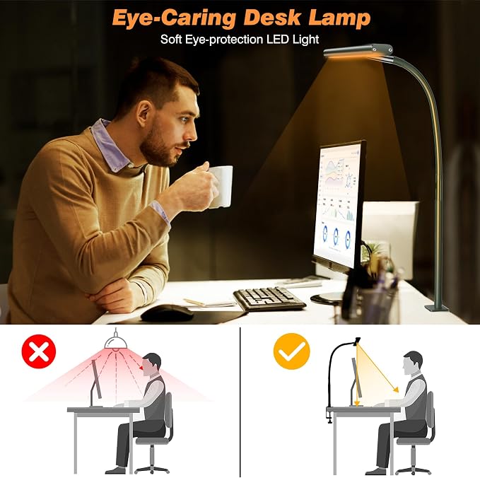 Airlonv LED Desk Lamp with Clamp, 17" Stepless Dimming Light, Green | 2700K-6500K, 100 LEDs, 360° Gooseneck, Fits Up to 30" Monitors, Flicker-Free Lighting for Home Office, Study& Workbench - Image 6
