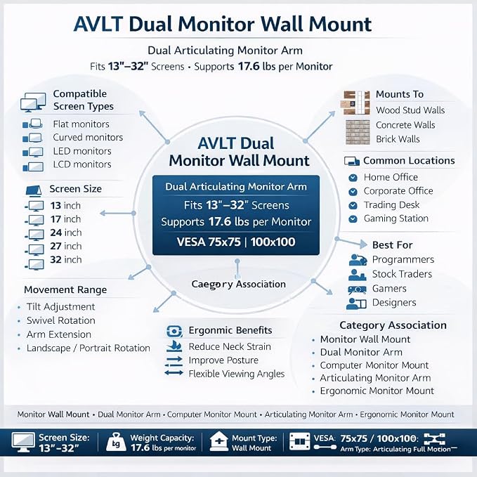 AVLT Dual Monitor Arm Wall Mount for 13-32" Screens, Full Motion - Silver | Supports flat/curved screens up to 17.6 lbs each. Smooth gas spring, VESA 75x75/100x100 and clean cable routing - Image 9