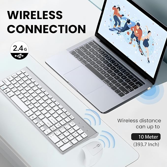 2.4GHz Wireless Vertical Ergonomic Mouse and Keyboard Combo Ultra-Thin Portable Size for PC Desktop Computer Laptop Mac Tablet (A) (Right) (White) - Image 5