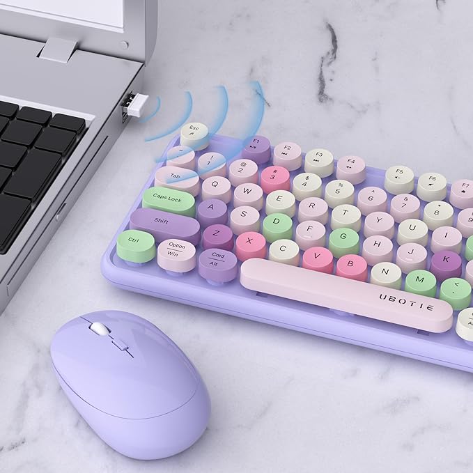 UBOTIE Colorful Wireless Keyboard and Mouse Combo (Purple-Colorful) | Retro Typewriter Floating Full-Sized Keys Computer Keyboard with Optical Mouse, 2.4GHz USB Connection for Windows Mac - Image 3