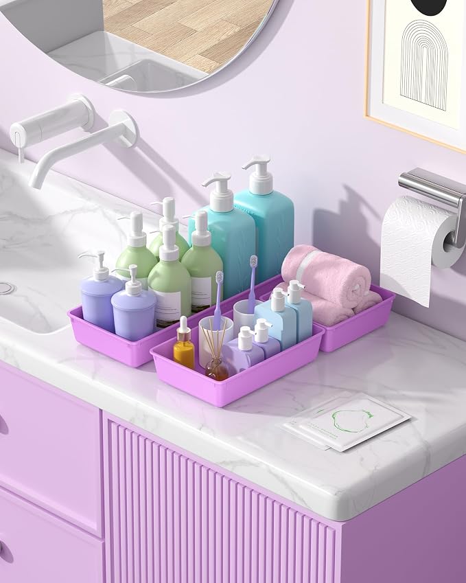10 Pack Large Size Plastic Drawer Organizers Set, 3 Sizes Desk Drawer Organizer Trays, Storage Bins for Vanity, Makeup, Bathroom, Kitchen Utensils and Office (Purple) - Image 7