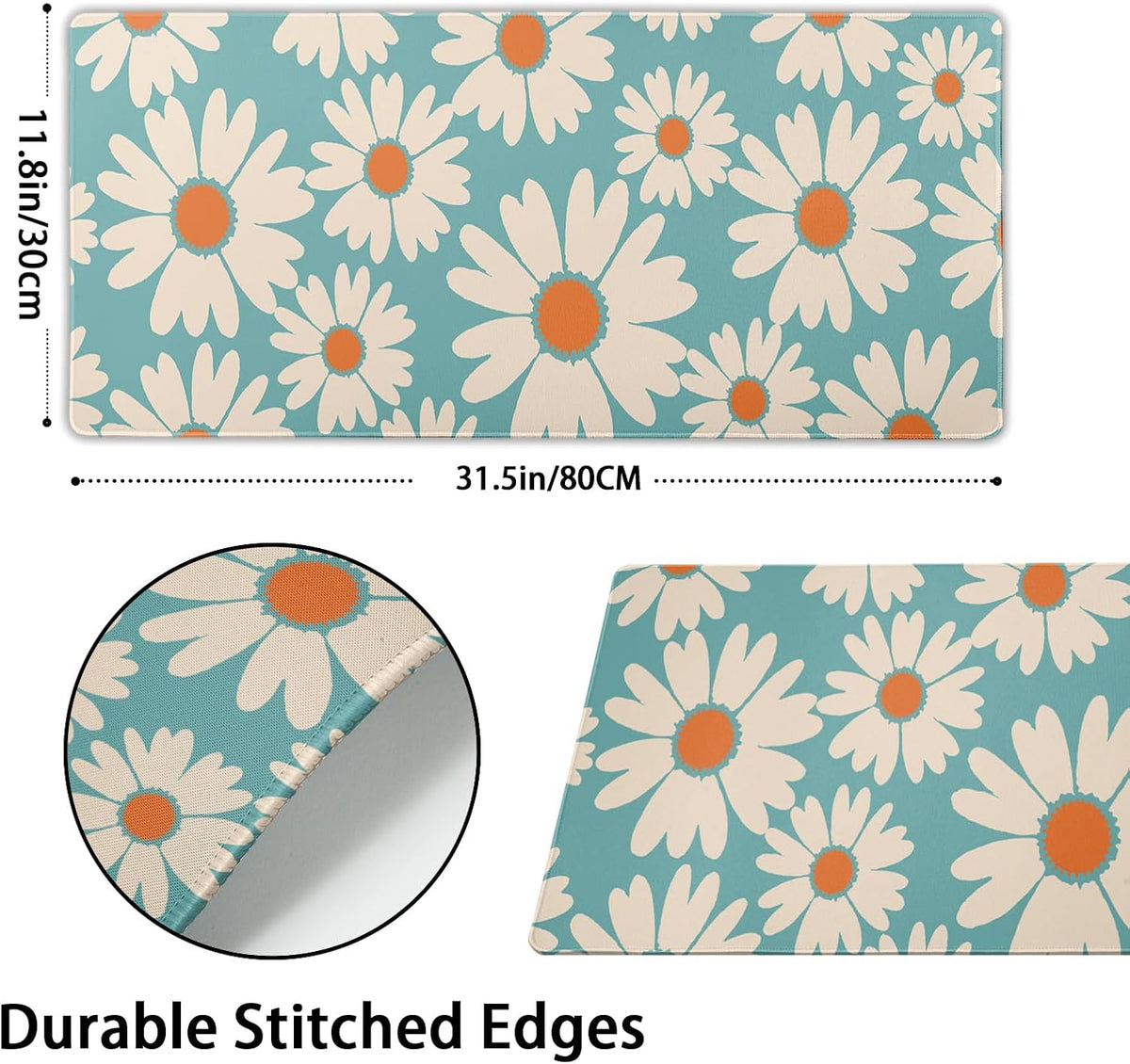 Cute Daisy Flowers Mouse Pad Gaming 31.5x11.8 in Floral Desk Mat Extended Anti-Slip Big Mousepad With Stitched Edges White Daisy Keyboard Pad Mouse Mat Blue for Computer Work Gaming - Image 3