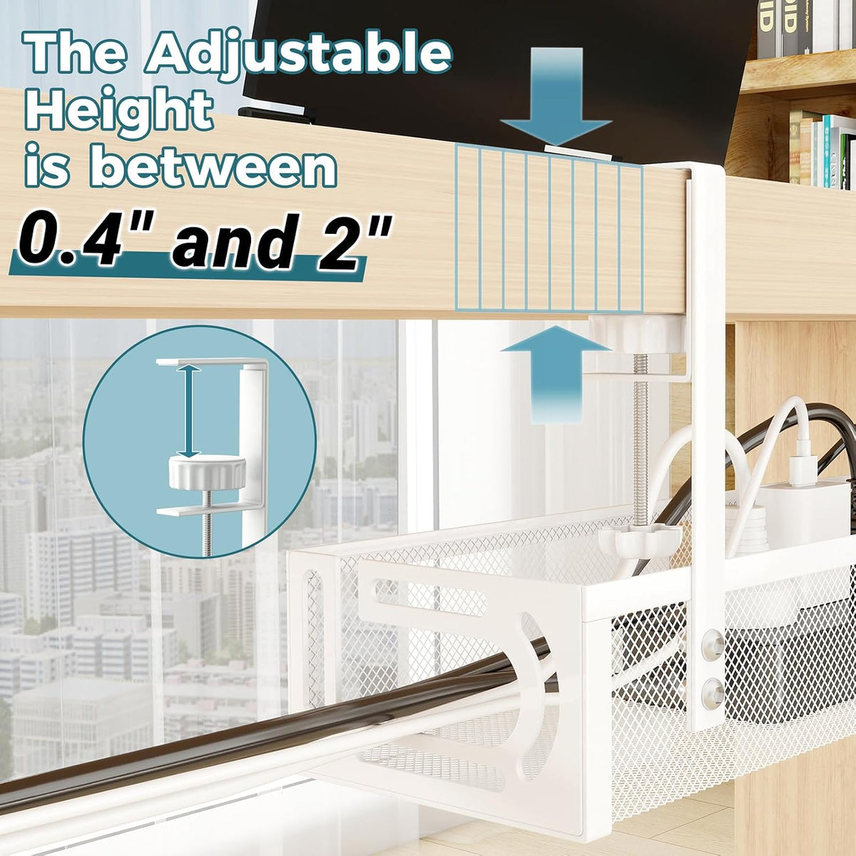 Cable Management Under Desk, 25.3'' No Drill Desk Cable Management Tray with Clamp, Metal Cord Organizer for Standing Desk, Computer Wire Management for Home Office & Gaming Setup, White - Image 6