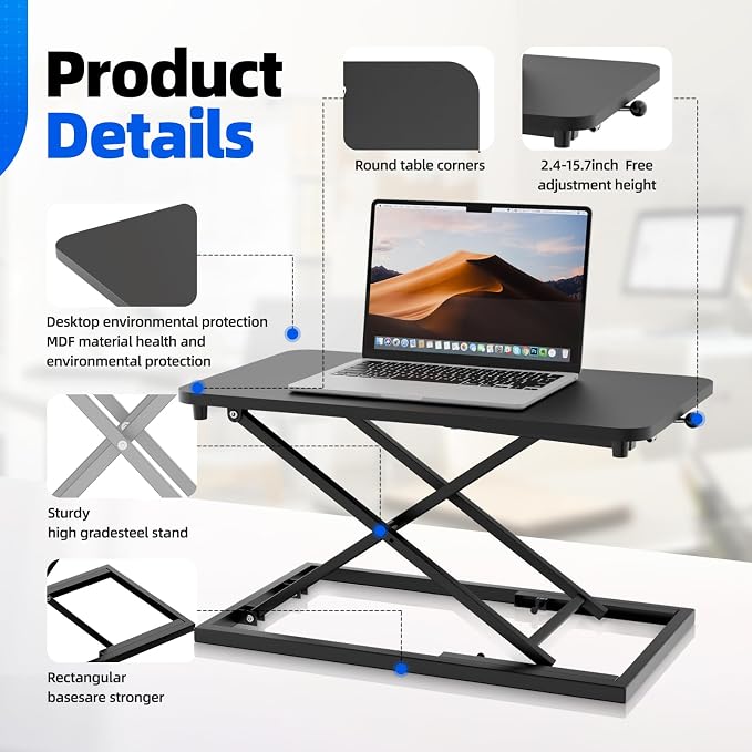 Standing Desk Converter Height Adjustable, Sit to Stand up Desk Riser Computer Workstation use in Laptop and Single Monitor Ergonomic Desktop Workstation for Home Office - Black - Image 7