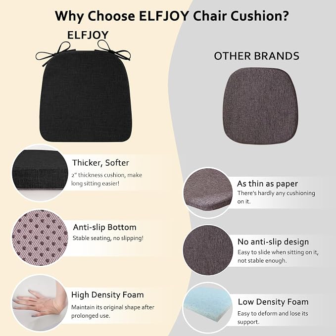 ELFJOY Non-Slip Chair Cushions for Dining Chairs Black 16.7"x16" | 4 Pack, with Ties and Washable Cover, U Shape, Breathable Fabric, for Kitchen Dining Office Folding Chairs，Comfortable - Image 8