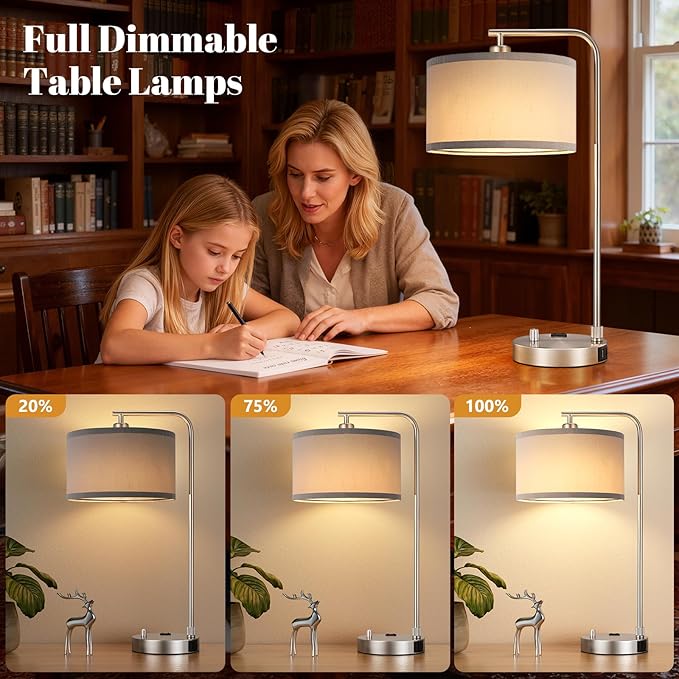 Innqoo Bedside Table Lamps for Bedroom Set of 2-Dimmable Nightstand Lamps with USB Port and Outlet,Modern Grey Lamps with Linen Shade,Tall Desk Lamps for Home Office Bedroom Living Room End Table - Image 2