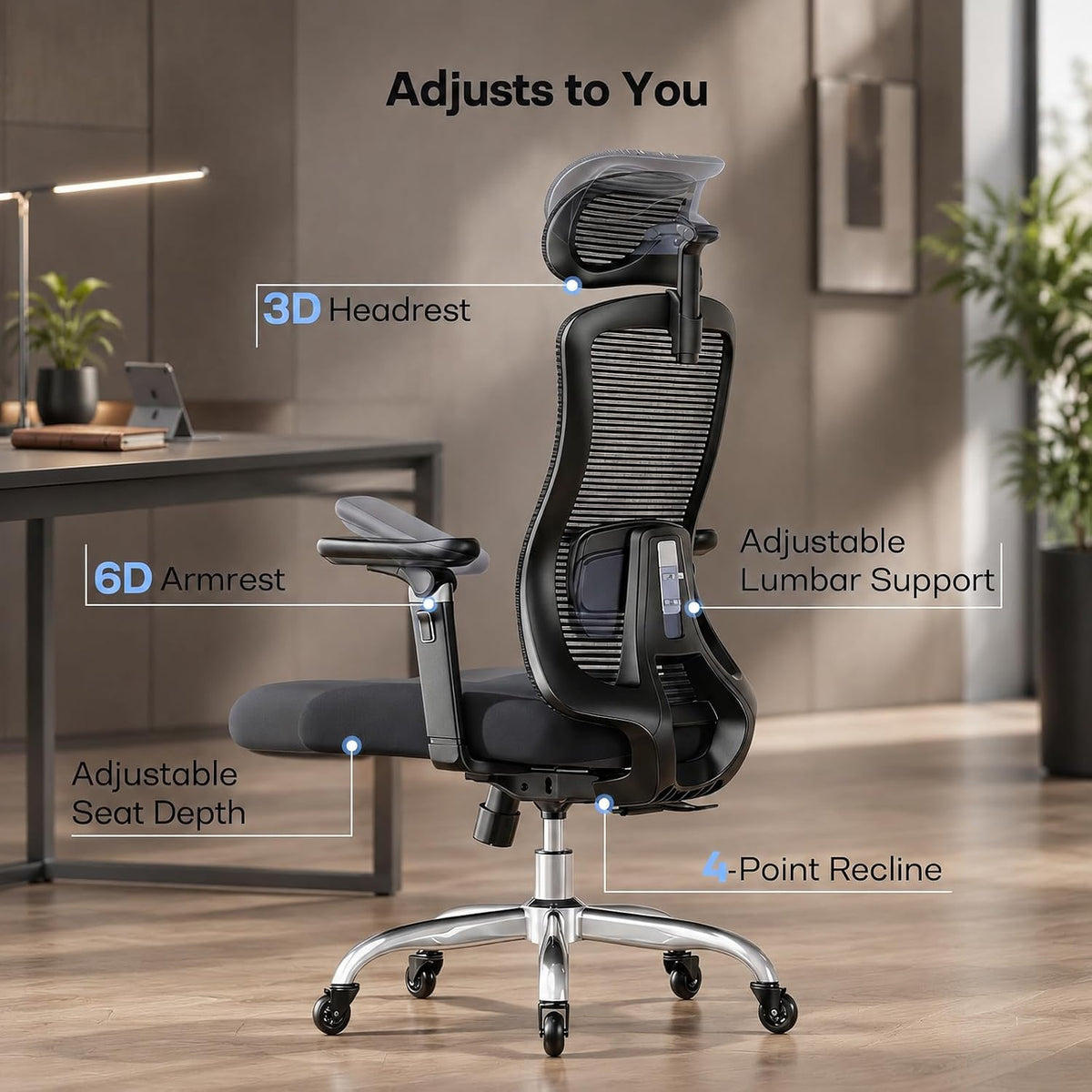 Marsail Big and Tall Ergonomic Office Chair with 6D Armrests, 3D Adjustable Headrest, Sliding Seat, Lumbar Support, 4-Position Tilt Lock, Height Adjustable, 330 lbs Capacity - Image 6
