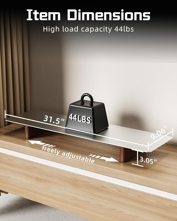 Aluminum Monitor Stand Riser, Ergonomic Desktop Shelf with Wooden Legs - 31.5” Wide Heavy Duty Computer Stand for Home Office, Universal Desktop Monitor Riser for PC, iMac, MacBook, Laptop - Image 3