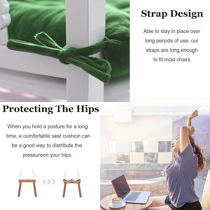 Set of 4 Chair Cushions for Dining Chairs with Ties, Indoor Non-Slip Kitchen Chair Pad and Dining Room Seat Cushion Mat for Office Living Room Outdoor 15.5" - Green - Image 4