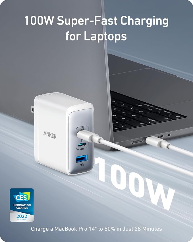Anker Nano 100W MacBook Charger, 3-Port Fast Compact GaN USB Charger Block | With 1 Pack & 1 Cable for MacBook Pro/Air, Pixelbook, ThinkPad, Dell XPS, iPad Pro, iPhone 17 Series, Galaxy S23, and More - Image 2