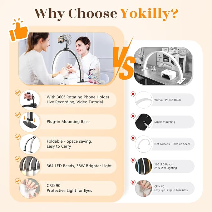 Yokilly Half Moon Light for Nail Desk: 29" Foldable Nail Light for Desk | Arch Nail Tech Light with Phone Holder for Beginner - 3 Color Modes & 10 Brightness for Manicure Salon-Black - Image 2