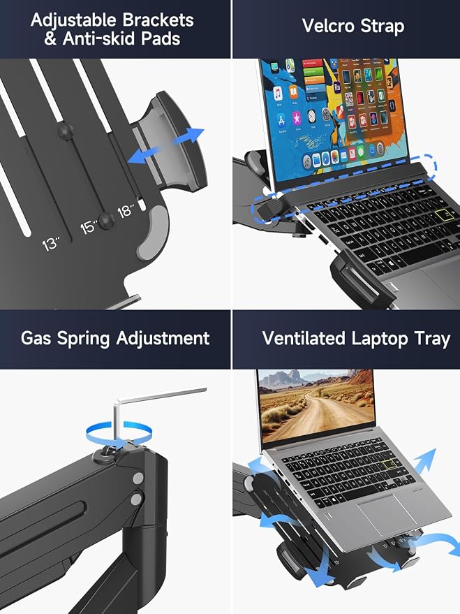 Suptek Laptop Desk Mount,Fully Adjustable Monitor and Laptop Mount Stand for 13-18 Inch Notebook and 17-35 inch Monitor Screen,Holds 24.25lbs with Vented Tray - Image 4
