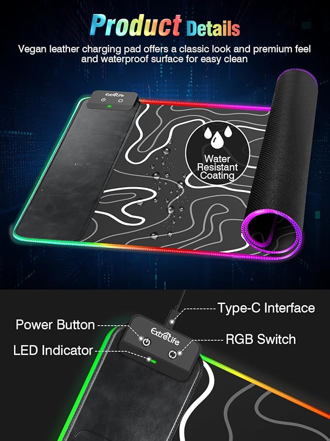 Wireless Charging RGB Gaming Mouse Pad, 31.5"x15.7" XXL Large Desk Mat | Desk Pad for Gamer, 9 Light Modes, Non-Slip Rubber Base, Waterproof Computer Keyboard Mat, Black and Topographic Line - Image 7