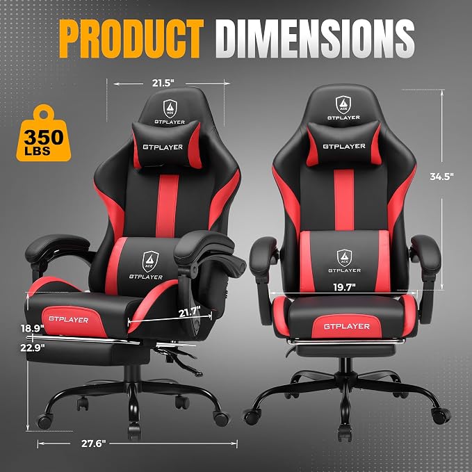 GTPLAYER Gaming Chair with Foot Rest & Pocket Spring Cushion, Ergonomic High Back Computer Chair with Headrest & 360°-Swivel Seat for Home Office Desk, PU Leather, Red - Image 2