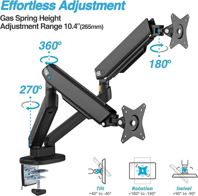 AVLT RGB Gaming Dual Monitor Arm Desk Mount for 27-43" Screens - Black | Built-in 20 Lighting Modes Touch Button Control Fits Flat/Curved/Ultrawide Screen Height Swivel Tilt Rotation Adjustable - Image 3