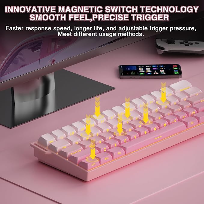 Aula MINI60 HE PRO Wireless Gaming Keyboard 60%,Hall Effect Rapid Trigger Magnetic Keyboard,8000Hz Polling,Tri-Mode(BT5.0/2.4GHz/USB-C),RGB Hot Swappable Compact Pink Mechanical Keyboard for Gamer - Image 6