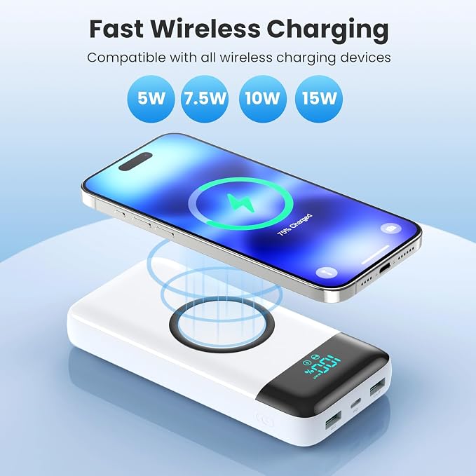 YHO Wireless Portable Charger 40800mAh for iPhone with Built-in Cables, 15W Wireless Charging USB C Power Bank,25W PD Fast Charging Travel Essential Battery Pack for iPhone 17/16/15,Android-White - Image 2