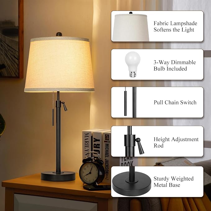 Black Bedside Lamp Tall Table Lamp 22" to 30" Adjustable Height 3 Brightness Way Nightstand with Beige Linen Shade Pull Chain Pole Lights for Living Room Guest Bedroom End Table(Bulb Included, Single) - Image 4
