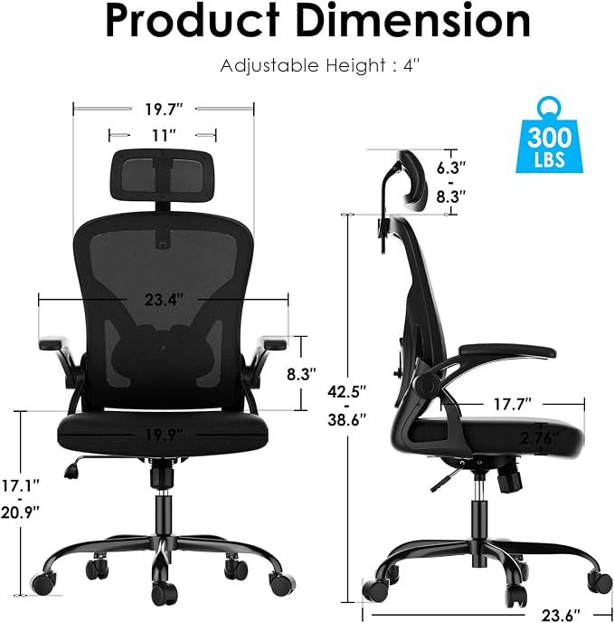 Farini Ergonomic Office Chairs with Headrest, Set of 4, Black & Black | High Back Swivel Computer Chair, Adjustable Armrests and Lumbar Support,Desk Chair for Home Office Bedroom - Image 3