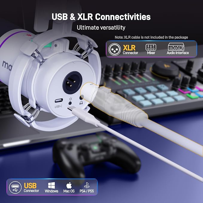 MAONO PD200XS XLR/USB Dynamic Microphone Kit, RGB Gaming Mic with Software | PC Mic with Mute, Gain Knob, Volume Control, Boom Arm for Streaming, Gaming, Podcasting, Voice-Over, Recording, White - Image 3