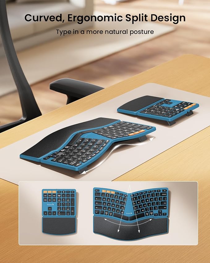 ProtoArc Wireless Ergonomic Keyboard with Separate Number Pad - Blue | 2.4G and Dual Bluetooth, Hard Palm Rest, Split Design, Rechargeable, Compatible with Windows, Mac - Image 2