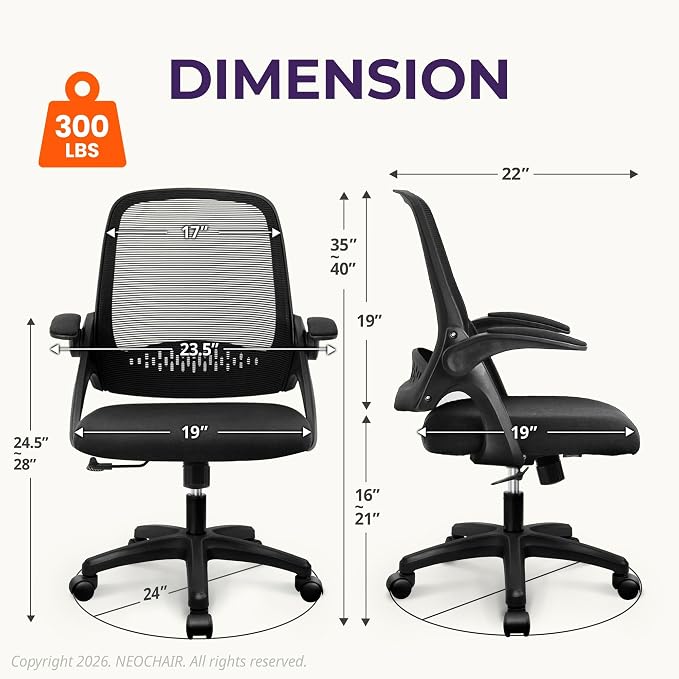 NEO CHAIR Office Desk Chair, Ergonomic Mesh with Flip-Up Arms, All Black | Lumbar Support, Height Adjustment, 360° Swivel and Rolling Base, Space-Saving Design for Home Office, Vanity or Study - Image 2