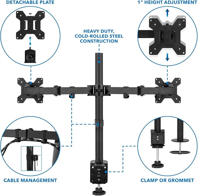 Mount-It! Dual Monitor Desk Stand, 19-32" Screens | Two heavy-duty height-adjustable arms with interchangeable C-clamp/grommet base, VESA 75/100 compatible. - Image 4