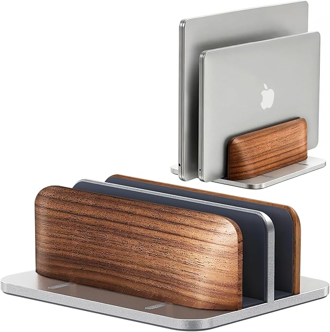 JCZT Vertical Laptop Stand, Walnut Dual Laptop Holder, Silver | with Adjustable Aluminum Alloy Base Laptop Stand for All MacBok/Surface/Samsung/HP/Dell/Chrome Book Laptops (Up to 17.3 inch) by JCZT