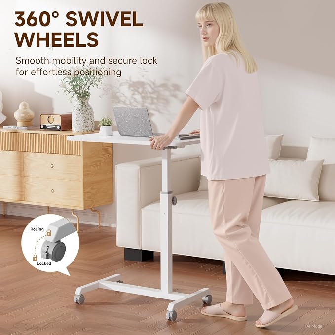GTPLAYER Small Standing Desk, 24 Inches Foldable Mobile Rolling Laptop PC Table with Lockable Casters, Adjustable Height Overbed Bedside Table Computer Workstation for Home Office, White-Foldable - Image 7