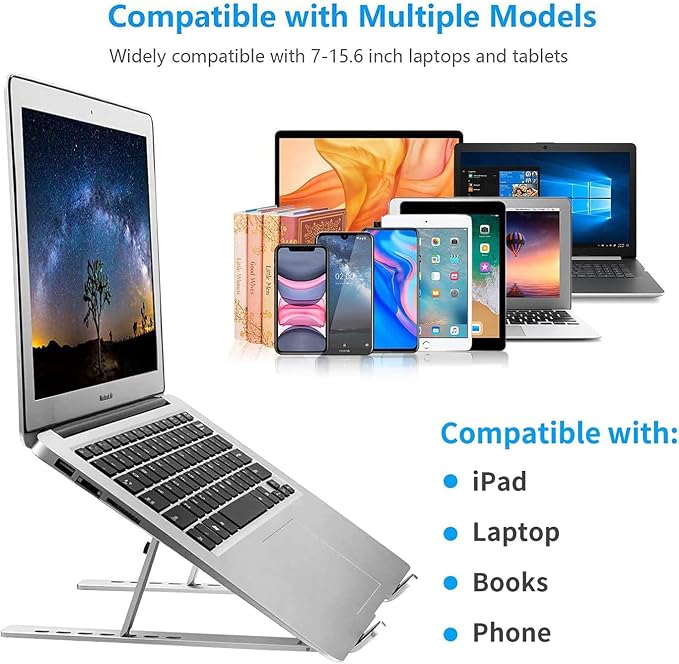 Leeboom Laptop Stand for Desk, Adjustable Foldable Aluminum Riser, Silver | Supports most 10-15.6 inch laptops and tablets with adjustable height and angle for improved comfort - Image 6