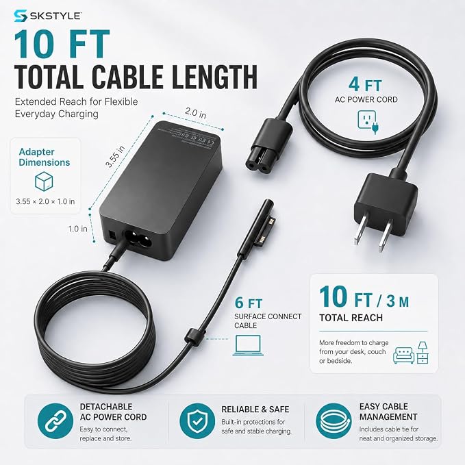 65W Surface Pro Charger Compatible with Microsoft Surface Pro 11/10/9/8/7+/7/6/5/4/3/X, Surface Laptop 7/6/5/4/3/2/1, Surface Go 4/3/2/1, Surface Book 3/2/1, 10FT Power Adapter with USB Port - Image 8