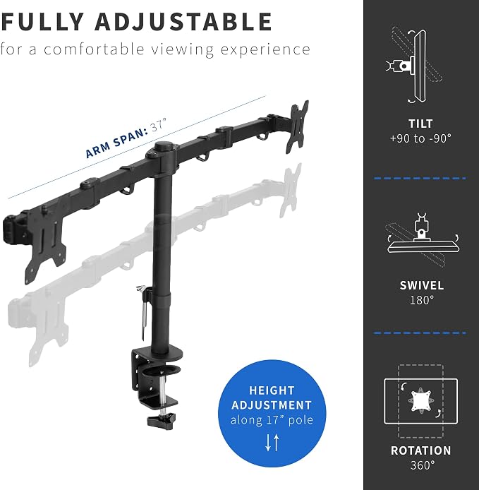 VIVO Full Motion Dual Monitor Desk Mount Clamp Stand VESA, Double Center Arm Joint, Holds 2 Screens up to 34 inches, STAND-V102D - Image 4