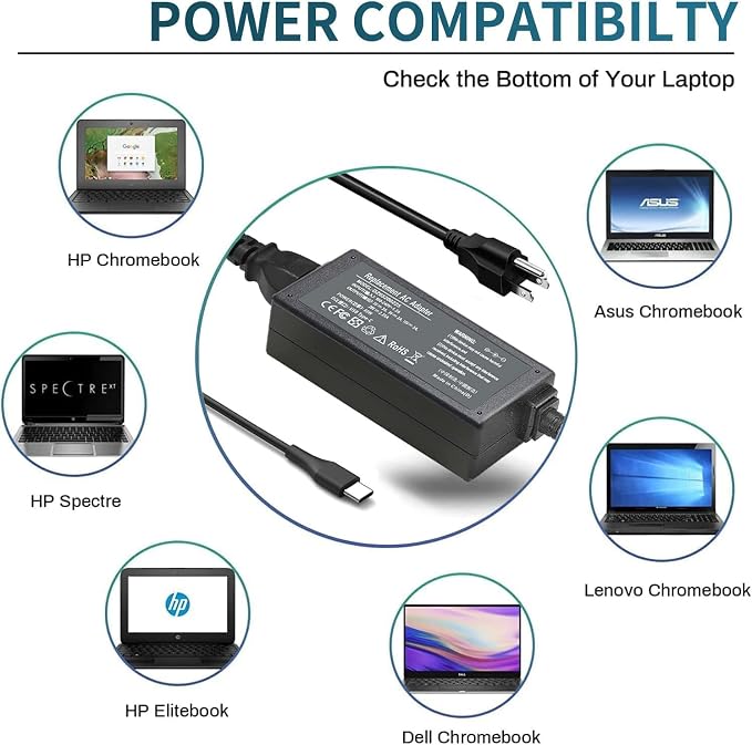 Chromebook Charger, 65W 45W USB C Laptop Charger for HP Chromebook X360 | Compatible with HP Chromebook X360 14 14-ca051wm 14-ca052wm 14-ca061dx 14-ca043cl Chromebook Chrager USB C - Image 4