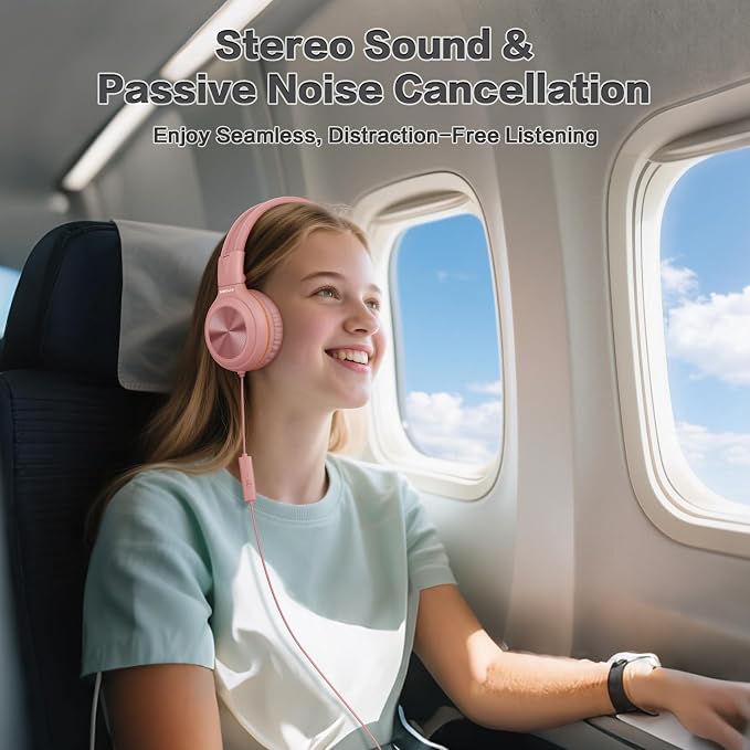SIMOLIO Manyshare Series- Wired Headphones with Mic & Share Port, Volume Limited, Noise Isolating, Durable Plug in Headphones with Portable Pouch for Kids Girls, School, Travel, Laptop, Tablet (Pink) - Image 4