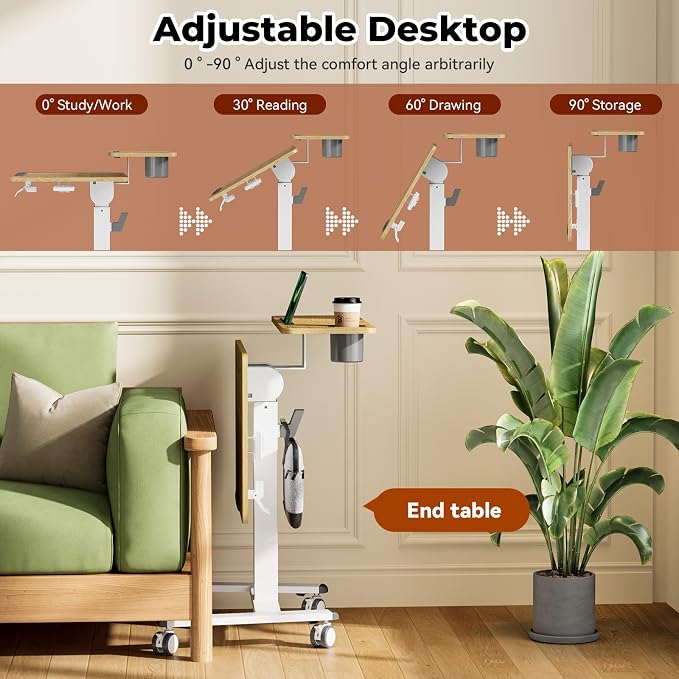 28" Mobile Standing Desk, Tiltable Top with 2-Tier Shelves, Maple | Pneumatic Rolling Desk, Adjustable Height Computer Workstation, Sit Stand Portable Drafting Table & Laptop Cart on Wheels - Image 4