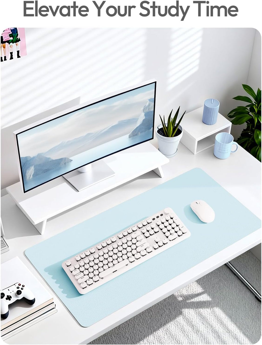 YSAGi Leather Desk Protector, Office Mat, Large Mouse Mat, Non-Slip PU Leather Blotter, Laptop Desk Pad, Waterproof Writing Pad for Office and Home (Baby Blue, 31.5" x 15.8") - Image 6