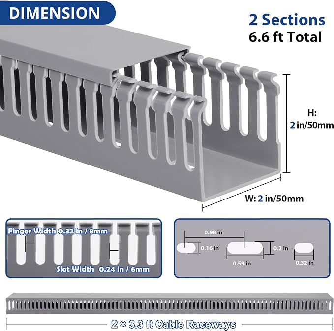 ZhiYo 2" H x 2" W Cable Raceway, Under Desk Wire Management Channel Grey | Slotted Wire Duct, 2 Pack(3.3ft Each), Heavy-Duty PVC Cable Management for Server Racks, Network Cables & Electrical Cabinets - Image 2