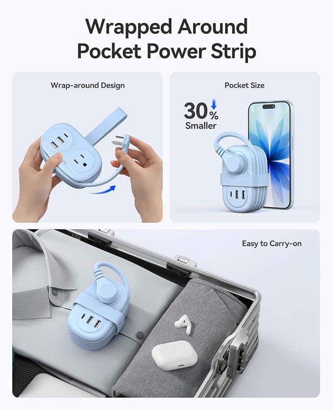 ORICO Cruise Approved Power Strip for Travel, 5 in 1 Extension Cord | with 2 AC Outlets 2 USB-A and 1 USB-C Ports , 3.7 ft Flat Plug Wrap-around Power Strip for Cruise Office, Hotel, Home- AP3 - Image 2