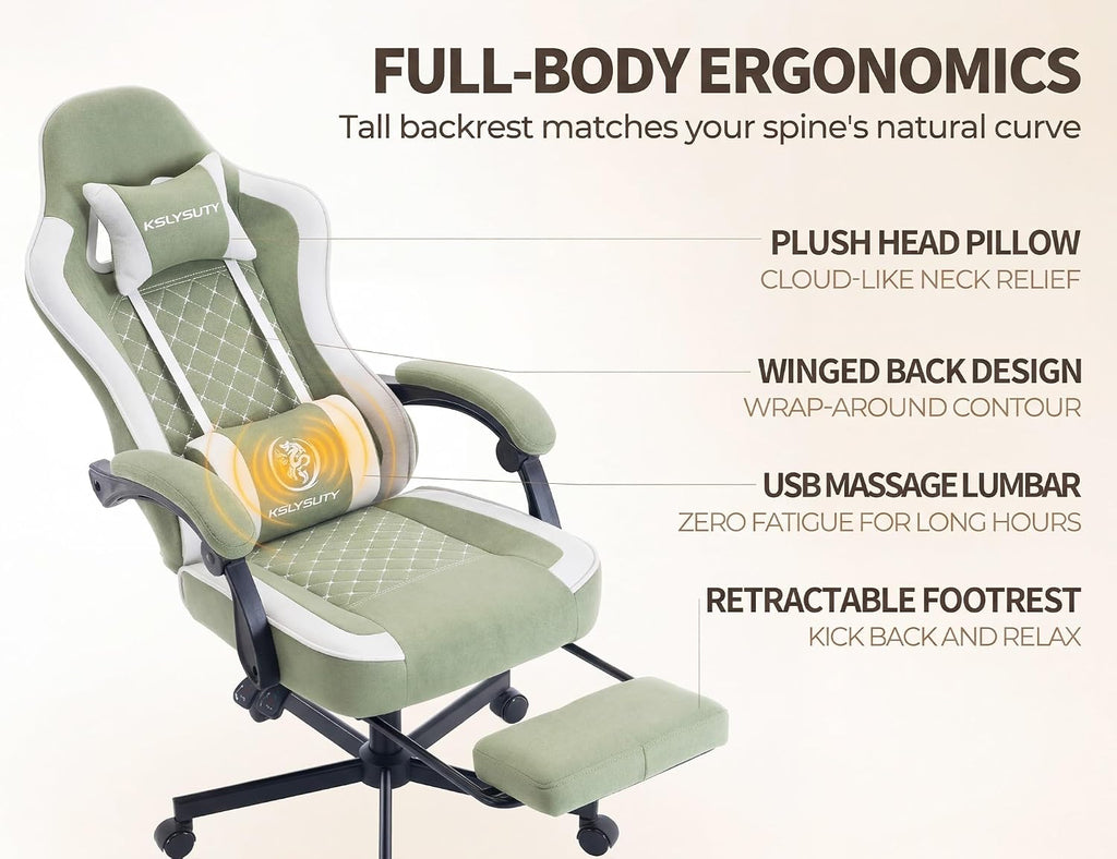 Office Desk Computer Gaming Chair for Adults, Ergonomic High Back Gamer Chair with Massage and Pocket Spring Cushion, Swivel Comfy Video Game Chairs with Footrest and Lumbar Support (Green White) - Image 4
